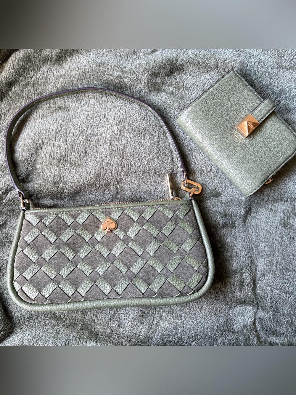 kate spade sage green woven shoulder bag with matching wallet